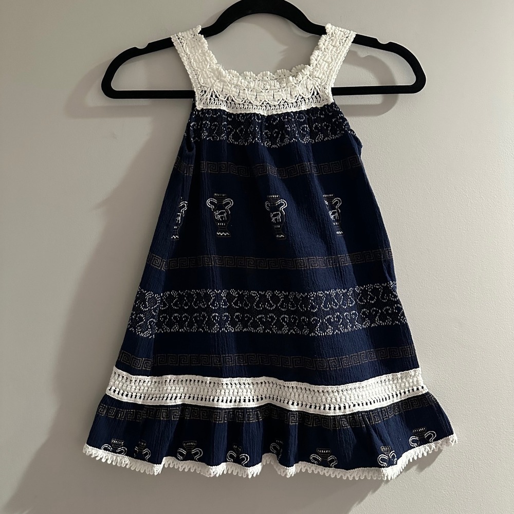 Kids Dress Navy Blue Crochet Trim Elephant‎ Greek Key Print Made in Greece Sz 4